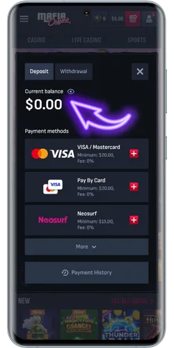 Deposit form on Mafia Online Casino with payment methods