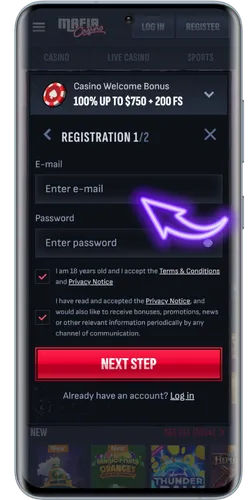 Registration form for welcome bonus at Mafia Online Casino