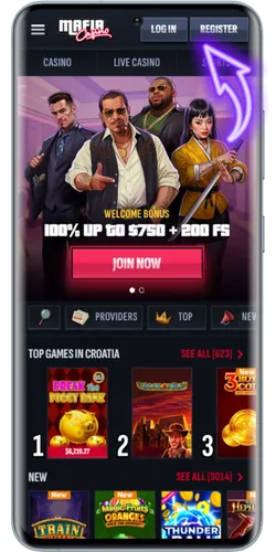 Casino main screen and registration button at Mafia Online Casino