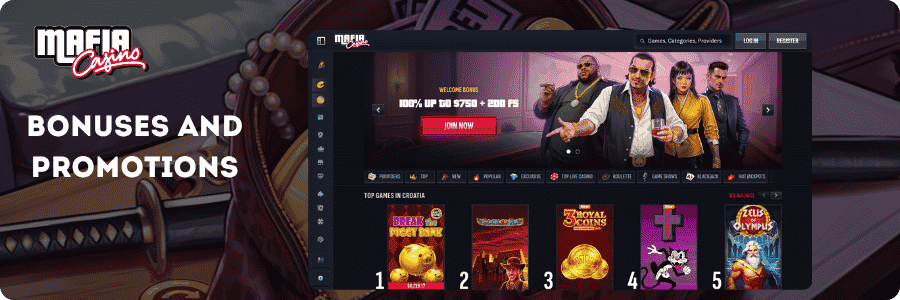 Bonuses and promotions section at Mafia Casino showing welcome bonus banner and top games for Australian players